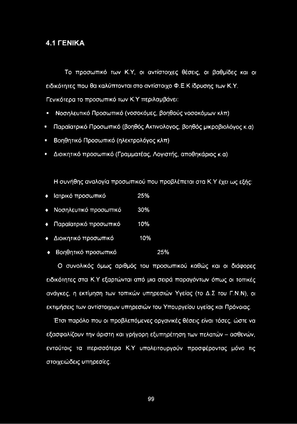 προσωπικό 25% Ο συνολικός όμως αριθμός του προσωπικού καθώς και οι διάφορες ειδικότητες στα ΚΎ εξαρτώνται από μια σειρά παραγόντων όπως οι τοπικές ανάγκες, η εκτίμηση των τοπικών