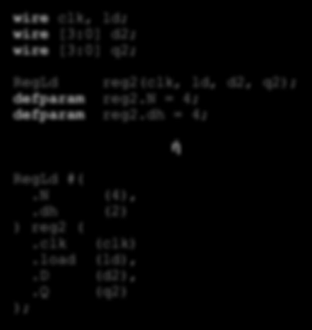 Παραμετρικά modules (2/2) wire clk, ld; wire [3:0] d2; wire [3:0] q2; RegLd reg2(clk, ld, d2, q2); defparam reg2.n = 4; defparam reg2.