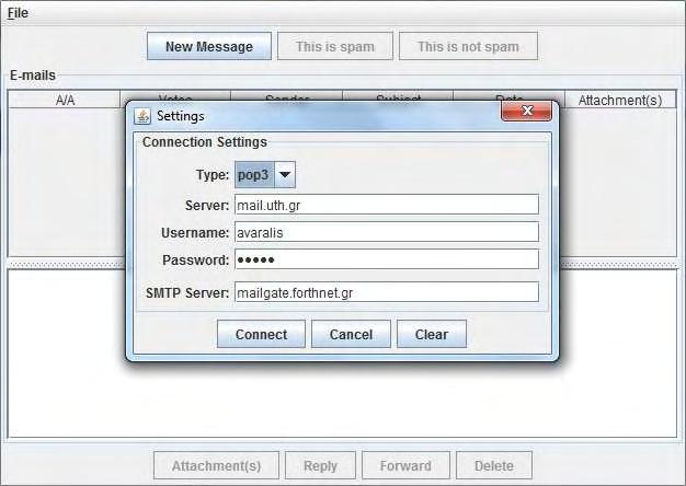 Ένα παράδειγμα συμπλήρωσης. Εικόνα 2 : Αρχικό παράθυρο Settings,συμπληρωμένο Πατώντας το κουμπί Connect στην Εικόνα 2 γίνεται η σύνδεση και εμφανίζονται τα εισερχόμενα e-mail(εικόνα 3)l.