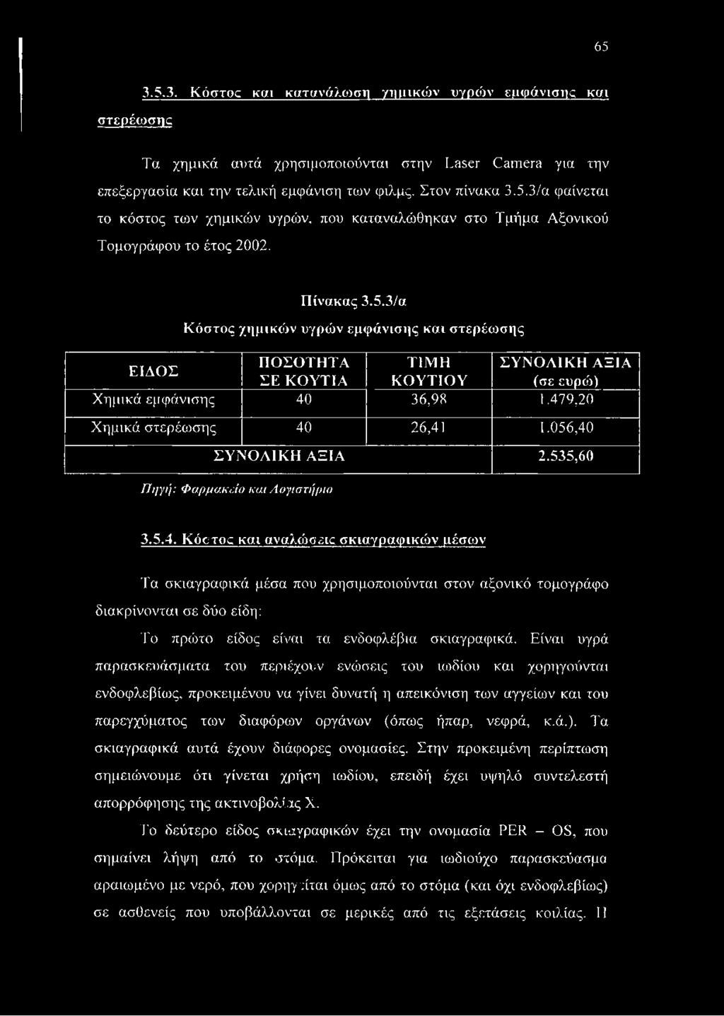 056,40 ΣΥΝΟΛΙΚΗ ΑΞΙΑ 2.535,60 Πηγή: Φαρμακείο και Λογιστήριο 3.5.4. Κόστος και αναλώσεις σκιαγραφικών μέσων Τα σκιαγραφικά μέσα που χρησιμοποιούνται στον αξονικό τομογράφο διακρίνονται σε δύο είδη: Το πρώτο είδος είναι τα ενδοφλέβια σκιαγραφικά.