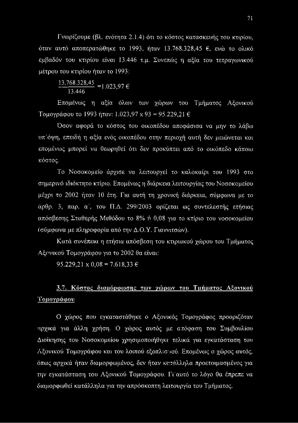 229,21 Όσον αφορά το κόστος του οικοπέδου αποφάσισα να μην το λάβω υπ'όψη, επειδή η αξία ενός οικοπέδου στην περιοχή αυτή δεν μειώνεται και επομένως μπορεί να θεωρηθεί ότι δεν προκύπτει από το