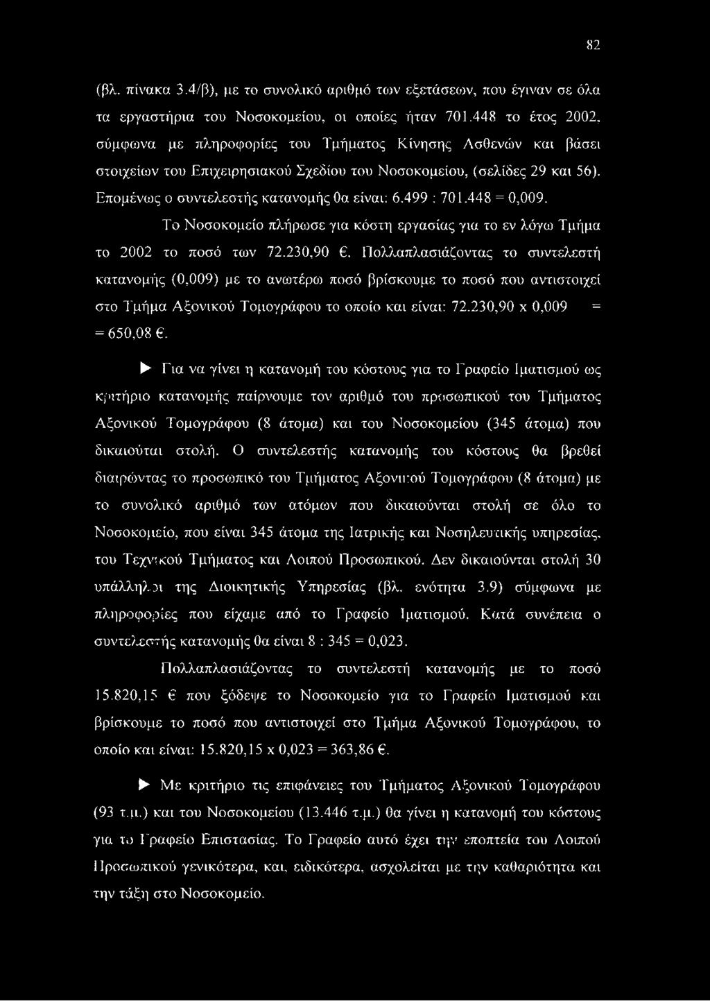 499 : 701.448 = 0,009. Το Νοσοκομείο πλήρωσε για κόστη εργασίας για το εν λόγω Τμήμα το 2002 το ποσό των 72.230,90.
