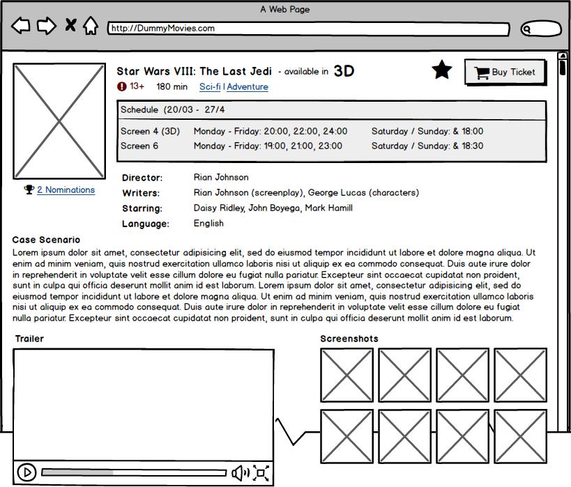 Function: Information about a movie Functional requirements: Must display the Movie s Title Must display an Image / poster Must display the Movie s Duration Must display the Movie s case senario Must