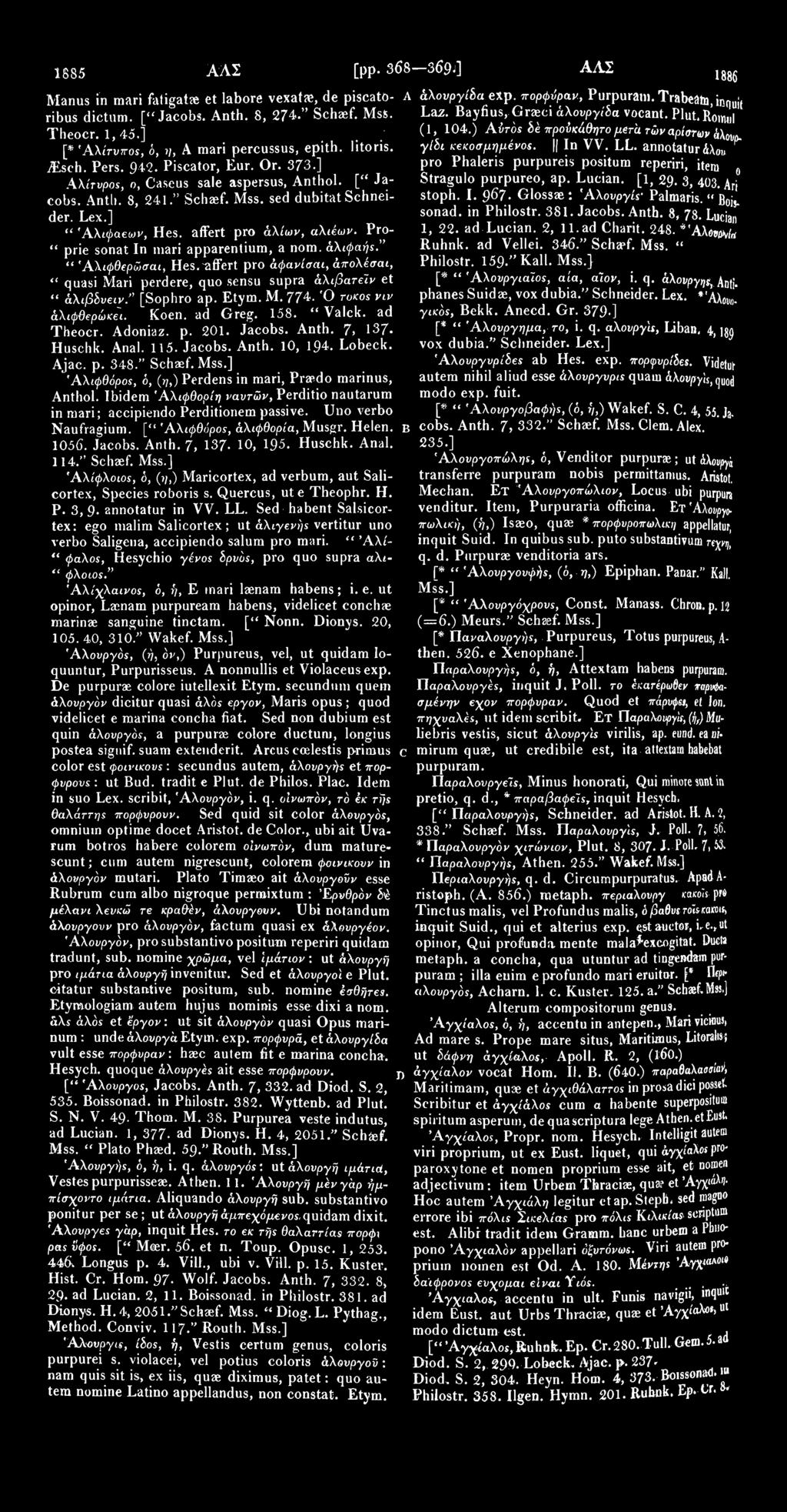 1885 ΑΛΣ [pp. 368-3690 ΑΑΣ Manus in mari fatigahe et labore vexatae, de piscato- A ribus dictum. ["Jacobs. Anth. 8, 274." Schaef. Mss. Theocr. 1,45.], / [* ΆΧίτνποε, ό,?/, A mari percussus, epith.