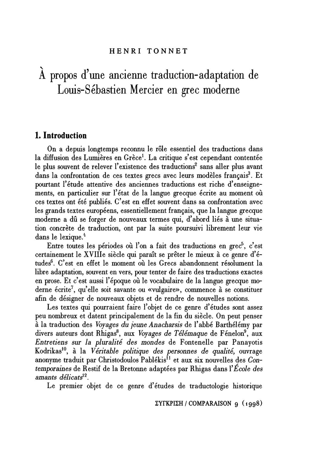 HENRI TONNET A propos d'une ancienne traduction-adaptation de Louis-Sébastien Mercier en grec moderne 1.