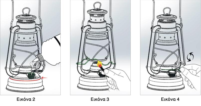 (δείτε το σημάδι στην Εικόνα 2). Πριν την πρώτη χρήση, το φιτίλι πρέπει να μουσκευτεί στο καύσιμο. Για αυτό, αφού γεμίσετε με καύσιμο το φανάρι θυέλλης, περιμένετε περίπου 10 λεπτά πριν το ανάψετε.
