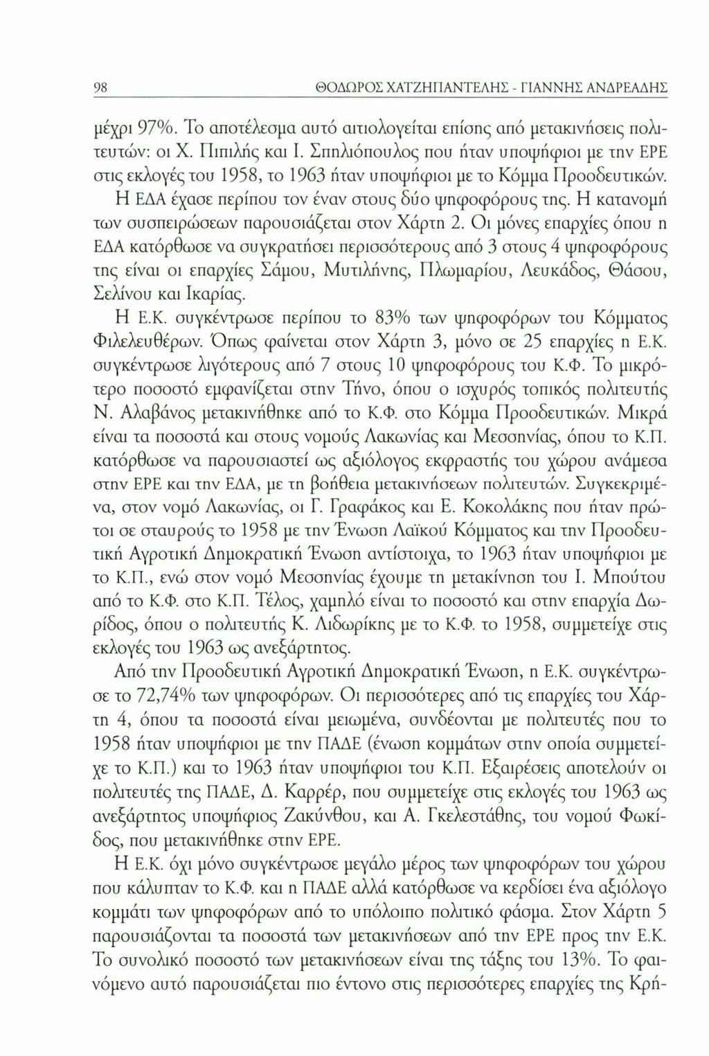 98 ΘΟΔΩΡΟΣ ΧΑΤΖΗΠΑΝΤΕΛΗΣ - ΓΙΑΝΝΗΣ ΑΝΔΡΕΑΔΗΣ μέχρι 97%. Το αποτέλεσμα αυτό αιτιολογείται επίσης από μετακινήσεις πολι τευτούν: οι X. Πιπιλάς και I.