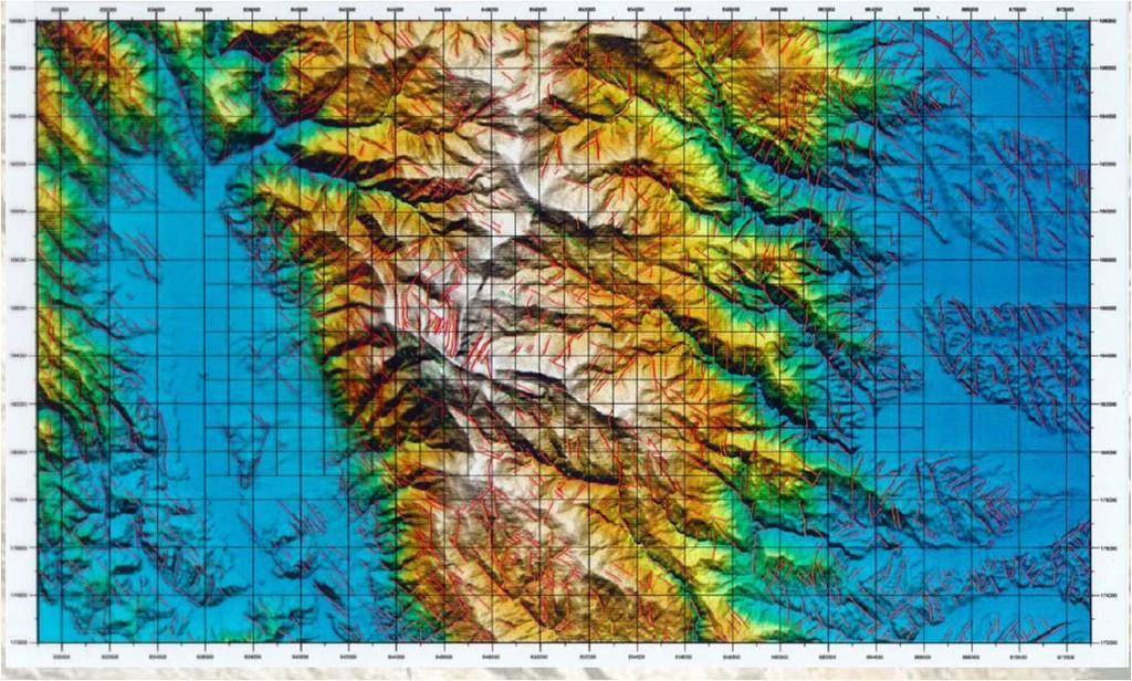 DTM with superimposed faults of the corridor area (corridor=possible path of the