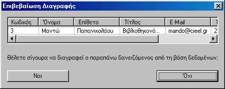 ιαγραφή: Μέσω αυτής της επιλογής µπορούµε να διαγράψουµε οριστικά κάποιον δανειζόµενο από τη βάση δεδοµένων.