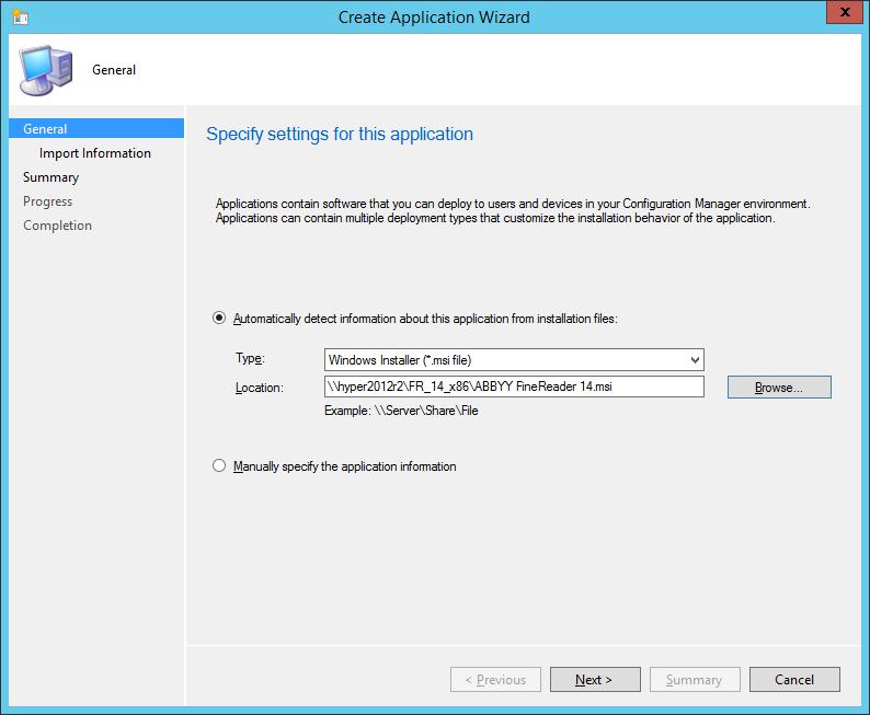 5. Στο πλαίσιο διαλόγο υ Create Application Wizard (Ο δη γός δη µ ιο υργία ς εφ α ρµ ο γής), επιλέξ τε Automatically Detect information about this application from installation files (Αυτόµ α το ς εν