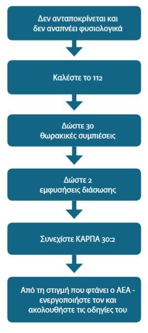 Εικόνα 12: Αλγόριθμος BLS/AED Παρακάτω αναλύονται εκτενέστερα τα επιμέρους βήματα της αλγοριθμικής διαδικασίας: 1. Εξασφάλιση του ανανήπτη και του θύματος από πιθανό κίνδυνο.