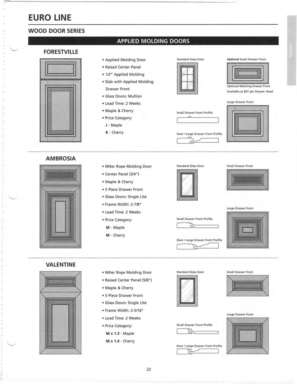 ι ι EURO ΝΕ WOOD DOOR SERIES APPLIED MOLDING DOORS FORESTVILLE Applied Molding Door Raised Center Panel 1/2" Applied Molding Slab with Applied Molding Drawer Front Glass Doors: Mullion - Maple Κ -