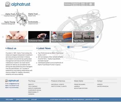 Εγκαίνια νέων Ιστοσελίδων Οι καινούργιοι ιστότοποι της ALPHA TRUST (www.alphatrust. eu and www.alphatrustfunds.com) είναι διαθέσιμοι στο διαδίκτυο από τον Μάρτιο του 2012.