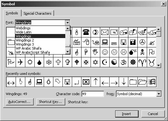 MS Word Polje za izbor fonta Slika 21. Izbor vrste specijalnih znakova Izaberite tip slova Windings, a zatim pronađite željeni znak i dvaput kliknite radnim tasterom miša na njega.