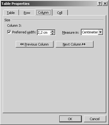 Ćelije u tim kolonama biće obeležene. Izaberemo komandu Table/table Properties, posle čega će se pojaviti okvir za dijalog kao na slici 26 levo.