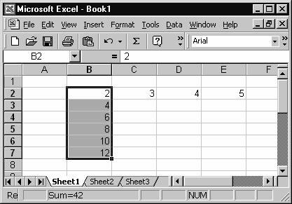 MS Excel Priručnik za vežbe iz informatike i informacionih tehnologija Selektujte opet ćeliju B2, dovedite pokazivač miša u donji desni ugao ćelije, tako da dobije oblik krstića.