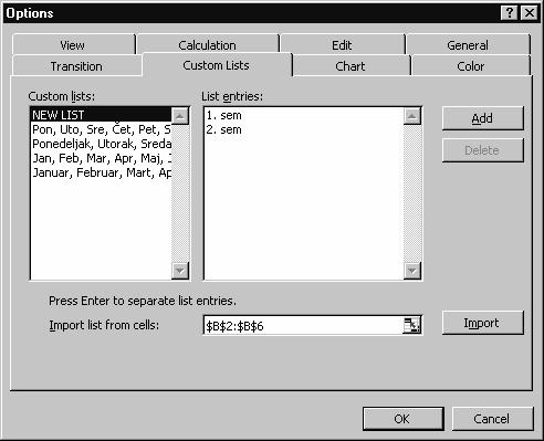 MS Excel Slika 11. a) spisak postojećih nizova b) kreiranje i dodavanje novog niza Za izbor nekog od postojećih nizova dovoljno je kliknuti levim tasterom miša na izabrani niz.