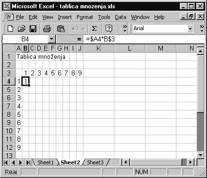 MS Excel Priručnik za vežbe iz informatike i informacionih tehnologija Selektujte polje B4 i u liniji formula upišite A4*B3 (ovo su relativne adrese).