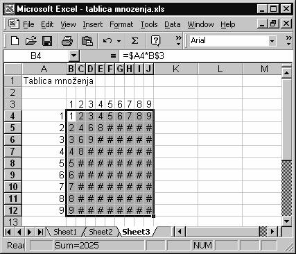 Međutim, polja u tablici množenja se izračunavaju tako što se uvek koristi kolona A (dakle apsolutna adresa), i svih devet vrsta (dakle relativne adrese) i uvek se koristi 3.