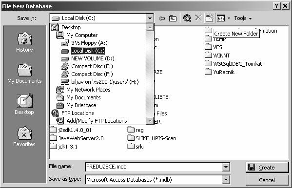 Radni prozor MS Accessa sa prozorom»database«za kreiranje novih, i menjanje postojećih tabela baze podataka 2.