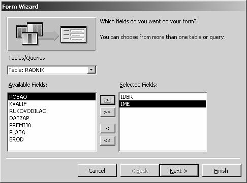 Pošto se obrazac kreira nad jednom tabelom, iz padajuće liste za izbor tabele ili upita na osnovu koga se kreira novi obrazac treba izabrati tabelu RADNIK (slika 24.).