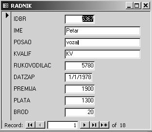 2. Iz padajuće liste Tables/Queries izabrati tabelu RADNIK i pritiskom na dugme selektovati sve atribute (polja) iz tabele. 3.