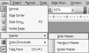 Da biste radili sa Master Slajd-om potrebno je u meniju Prikaz (View)izabrati opciju Master (Master)pa onda opciju Master slajda (Slide Master), slika