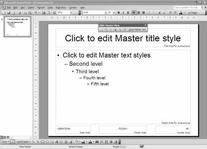 Master slajd Posle izbora ove opcije na ekranu će se pojaviti master slajd (slika 14) koji sada možete slobodno da modifikujete na taj način što ćete