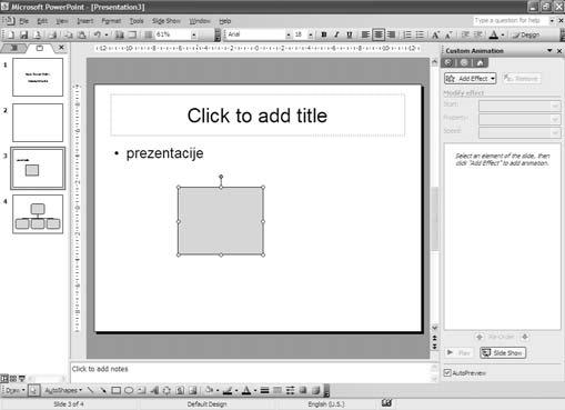 MS Power Point Vidite da se sa desne strane pojavio prozor Custom Animation koji se koristi za dodavanje efekata.