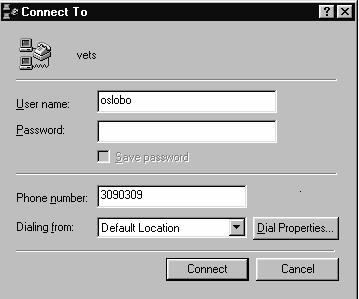 Većina korisnika ima na radnoj površini (Desktop) ikonu za povezivanje sa Internet provajderom. Na radnoj površini kliknuti na ikonu sa imenom Internet provajdera (na primer Eunet ili VETS).