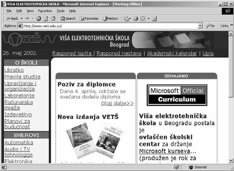 Internet Priručnik za vežbe iz informatike i informacionih tehnologija 4. Aktivnost : Upoznavanje sa korisničkim interfejsom Prozor programa IE 6.0 prikazan je na slici 4.