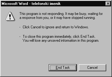 Opis računara i operativni sistem izabrati opciju Task Manager. U okviru za dijalog (slika 10.a) izabrati fajl koji je blokiran Not Responding, a zatim izabrati opciju End Task.