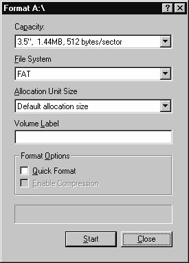 Proverite veličinu i kapacitet diskete, i izaberite opciju za Brzo formatiranje (sa brisanjem)-quick (erase) i pritisnite dugme Start. Da li je računar izvršio formatiranje diskete?