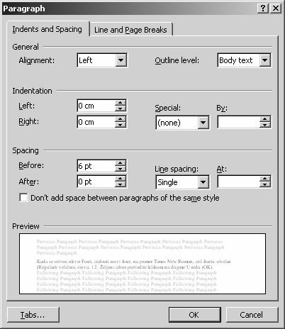 Definisanje izgleda slova i pasusa Izgled pasusa podesiti kao na slici 10, tako da bude levo poravnat, sa razmakom između pasusa ispred i iza 6 pt, sa uvlačenjem prvog reda 1.