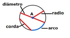 sobre ela os seguintes elementos: un raio, un diámetro, unha corda e un arco.
