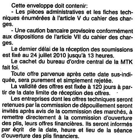 DIVERS TRANSTU AVIS D'AO INTER N : 09/2010 Résumé : Fourniture, installation et mise en service de quatre bancs d'essai de freinage poids lourds Retrait cahier de charges : Division des marchés,