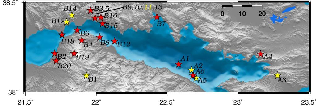 Σχήμα 3.80: Χωρική κατανομή των μέσων επικεντρικών συντεταγμένων των σεισμικών συγκεντρώσεων. Ο κωδικός για κάθε επίκεντρο αναφέρεται στον πίνακα 3.9.