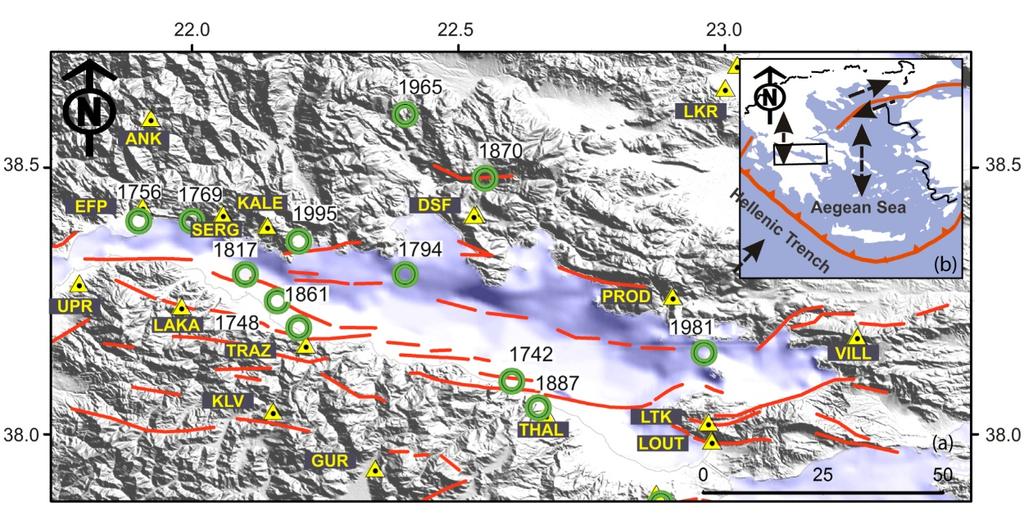 Κεφάλαιο 1 ο : Εισαγωγή επικέντρων των ισχυρότερων σεισμών τοποθετείται στο δυτικό τμήμα του Κορινθιακού κόλπου (Σχήμα 1.1a, πράσινοι κύκλοι) (Papazachos and Papazachou, 2003). Σχήμα 1.