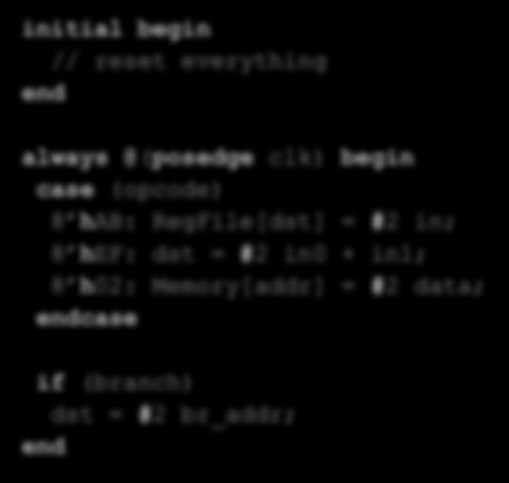 @posedge clk) begin case opcode) 8 hab: RegFile[dst] = #2 in; 8 hef: dst = #2 in0 + in1; 8 h02: