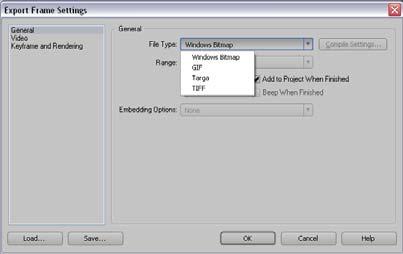 «Settings» (Εικόνα 21 - Export Frame Settings). Στη συνεχεία, επιλέξτε «Windows Bitmap» και θα δείτε τις υπόλοιπες επιλογές που υπάρχουν για εξαγωγή καρέ.