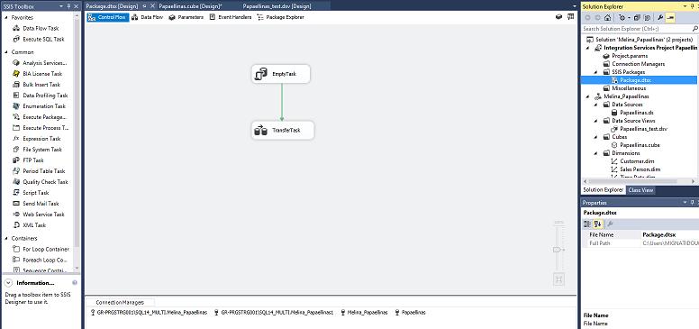 Εικόνα 4-5: Προσθήκη Execute SQL Task και Data Flow Task στη κεντρική οθόνη σχεδιασμού.