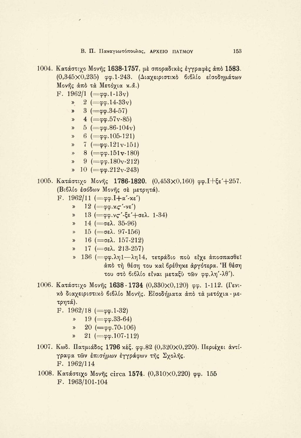 Β. Π. Παναγιωτόπουλος, ΑΡΧΕΙΟ ΠΑΤΜΟΥ 153 1004. Κατάστιχο Μονής 1638-1757, μέ σποραδικές έγγραφες από 1583. (0,345x0,235) φφ. 1-243. (Διαχειριστικό βιβλίο εισοδημάτων Μονής άπο τα Μετόχια κ.ά.) F.