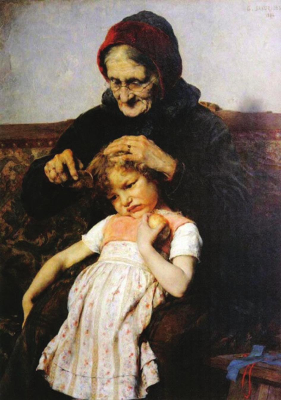 Γεώργιος Ιακωβίδης, Το χτένισμα της εγγονής, Πινακοθήκη Τεργέστης, Ιταλία. Παλιότερα, οι ηλικιωμένοι έμεναν μαζί με το ζευγάρι και το παιδί τους (εγγόνι).