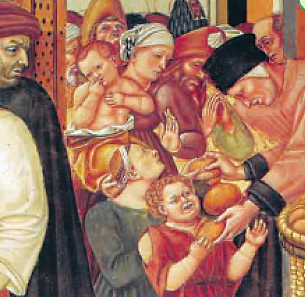 Λεπτομέρεια από τοιχογραφία του Ντομένικο Μπαρτόλο, που εικονίζει κληρικούς να μοιράζουν ψωμί σε φτωχούς. Νοσοκομείο Σάντα Μαρία ντε λα Σκάλα, Σιένα, Ιταλία.