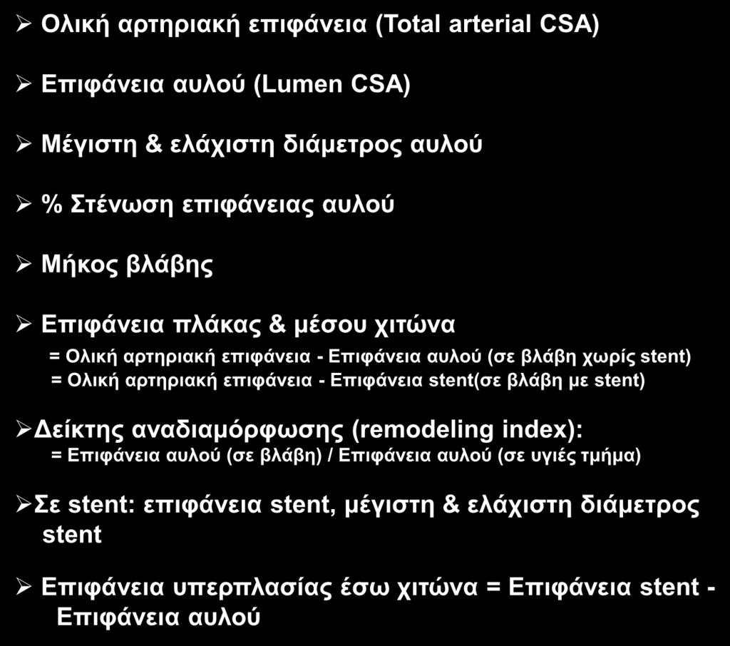 IVUS Μετρήσεις Ολική αρτηριακή επιφάνεια (Total arterial CSA) Επιφάνεια αυλού (Lumen CSA) Μέγιστη & ελάχιστη διάμετρος αυλού % Στένωση