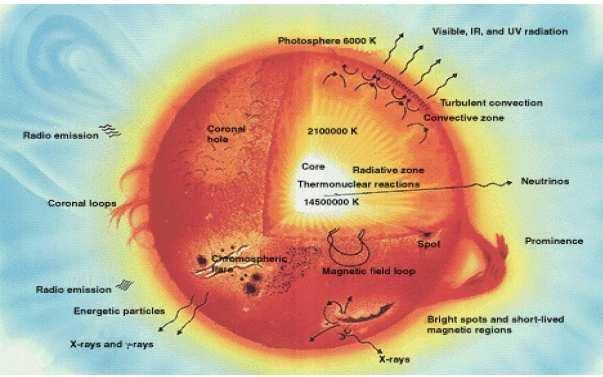 Εικόνα 2.1 Δοµή του ήλιου 2.2 Η Ηλιακή ακτινοβολία και η ένταση της Η ηλιακή ακτινοβολία ταξιδεύει προς την γη µε ταχύτητα 300.000 Km/sec και µεταφέρει ηλεκτροµαγνητική ενέργεια.