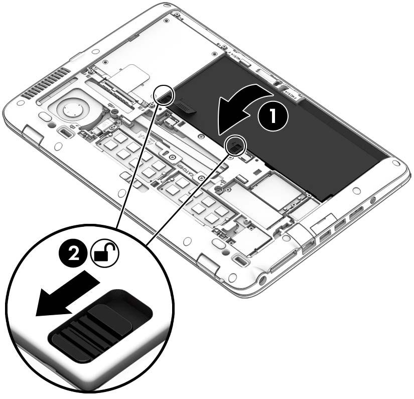 2. Τοποθετήστε την μπαταρία στη θέση της ευθυγραμμίζοντας τις γλωττίδες της (1) με τις εγκοπές του υπολογιστή και, έπειτα, πιέστε την μπαταρία προς τα κάτω μέχρι να εφαρμόσει στη θέση της.