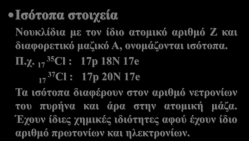 Νουκλίδια με τον ίδιο ατομικό αριθμό Ζ και διαφορετικό μαζικό Α, ονομάζονται ισότοπα. Π.χ.