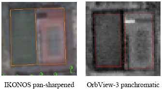 Η πληροφορία του χρώµατος υποστηρίζει την ταξινόµηση των εδαφών βάσει χρήσης. Στην εικόνα 25 παρουσιάζονται δύο χώροι άθλησης µε γρασίδι και τσιµέντο σε pan-sharpened και παγχρωµατική εικόνα.