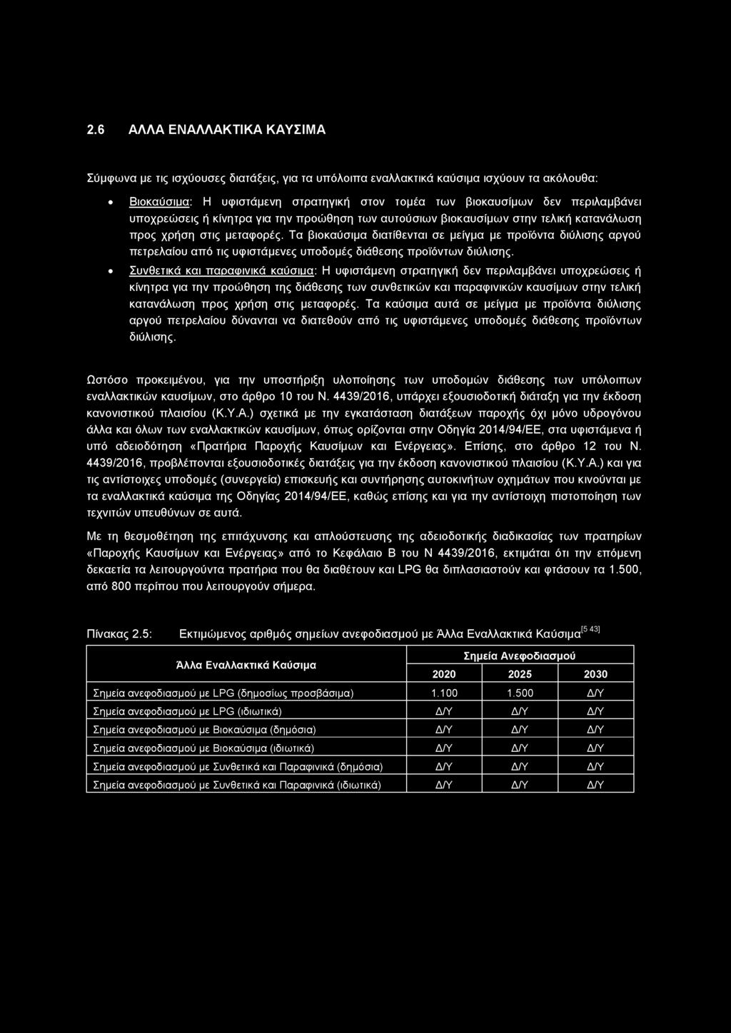 2.6 ΑΛΛΑ ΕΝΑΛΛΑΚΤΙΚΑ ΚΑΥΣΙΜΑ Σύμφωνα με τις ισχύουσες διατάξεις, για τα υπόλοιπα εναλλακτικά καύσιμα ισχύουν τα ακόλουθα: Βιοκαύσιυα: Η υφιστάμενη στρατηγική στον τομέα των βιοκαυσίμων δεν